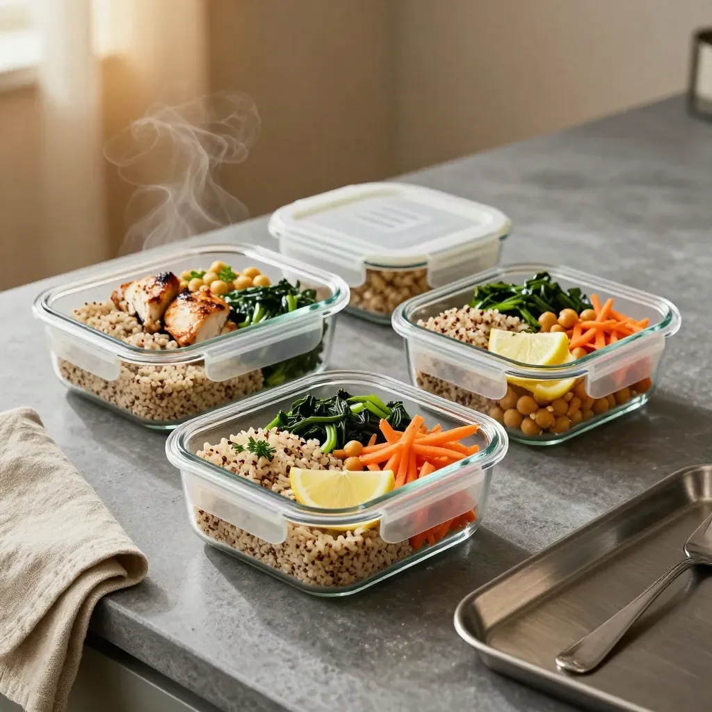 Tre kit pasto pronti in contenitori riutilizzabili su un piano cucina, con vapore soffuso.