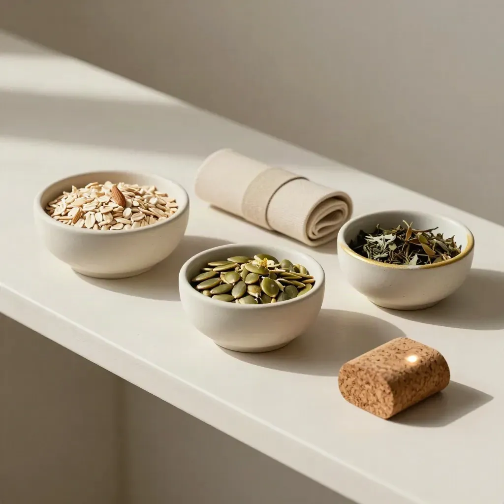 Tre ciotole in ceramica, fascia ripiegata e blocco di sughero su fondo chiaro.