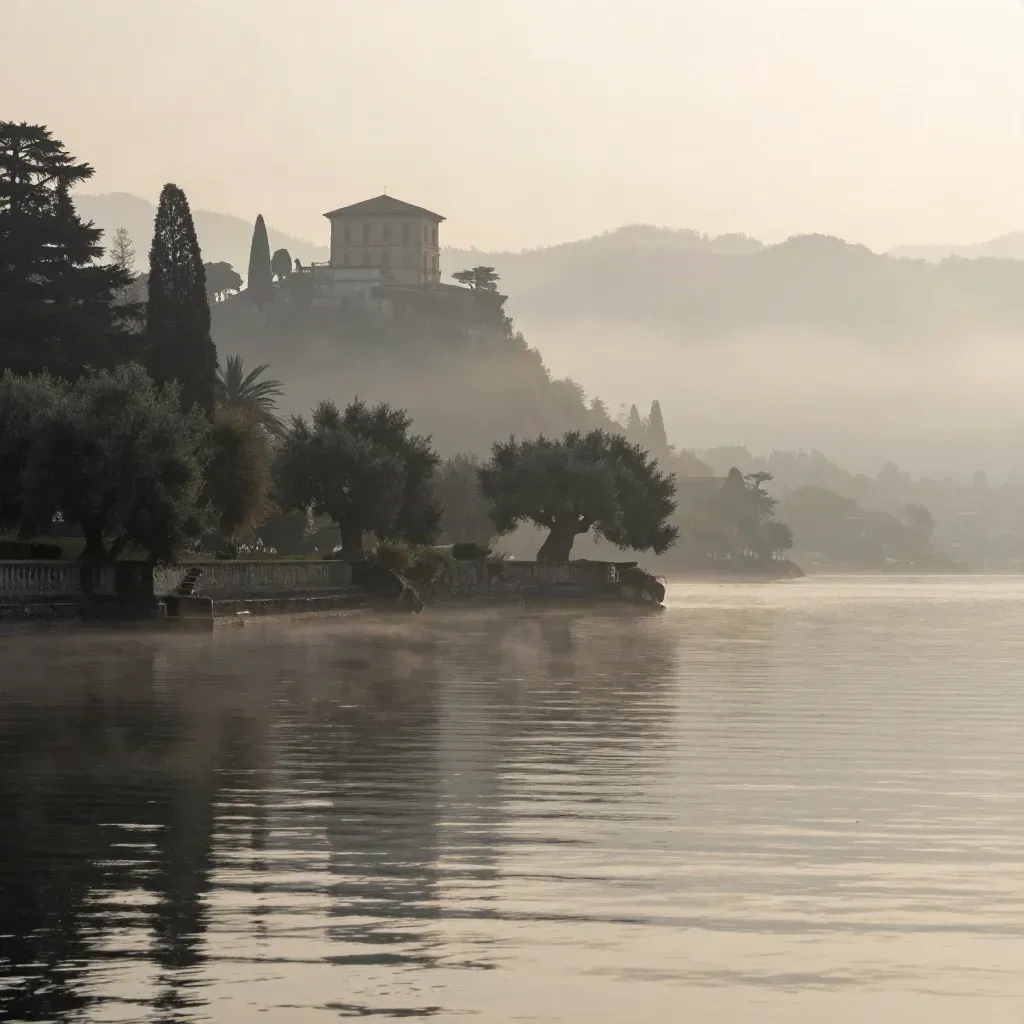 Villa e cipressi sul Lago di Como all’alba, tra nebbia morbida e riflessi immobili.